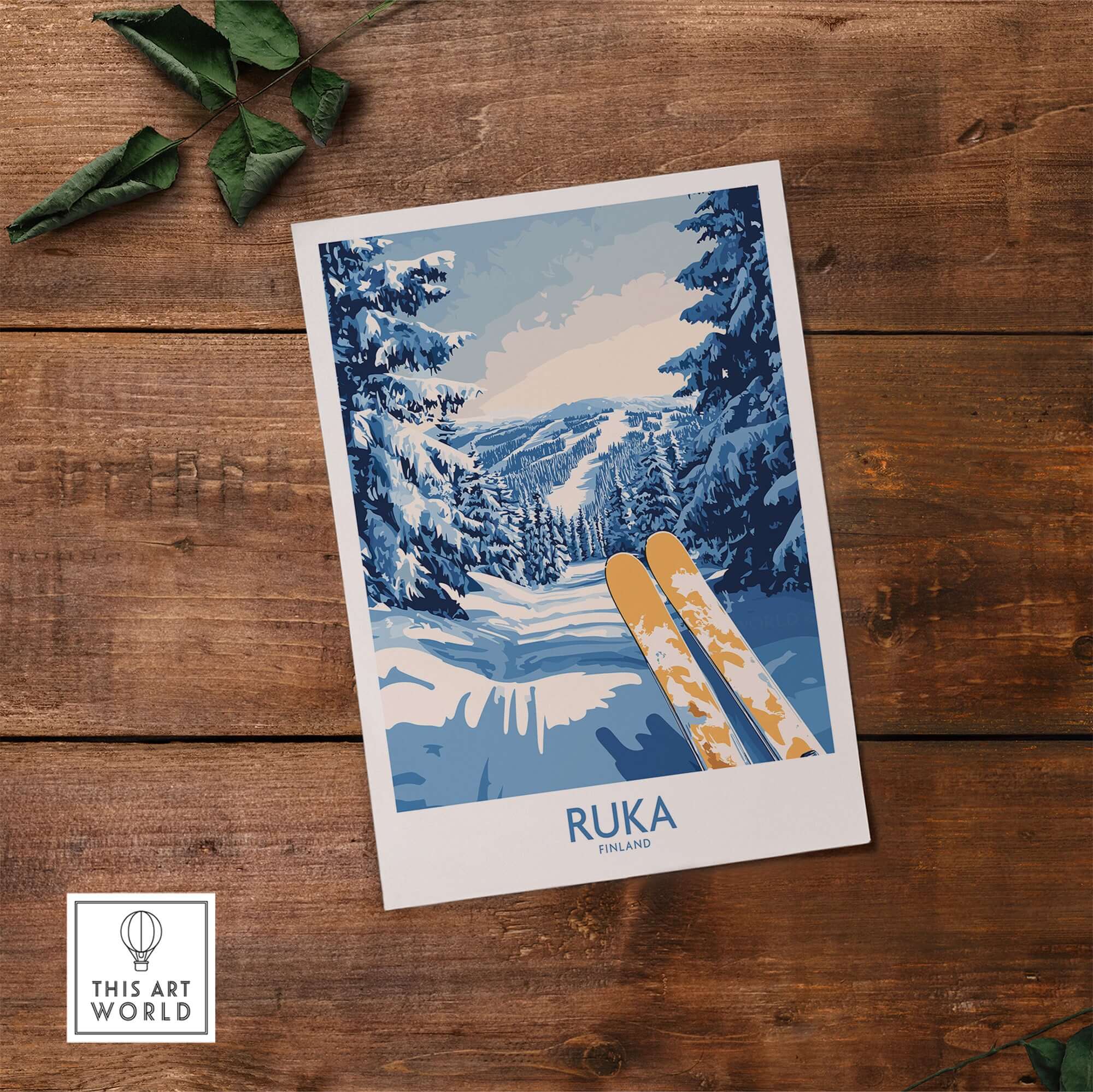 Ruka Ski Poster featuring snowy landscapes and skis, perfect Nordic scene decor for ski lovers.
