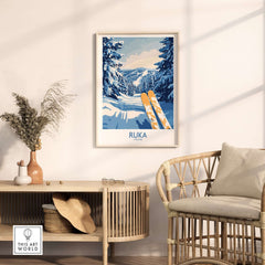Ruka ski poster featuring a snowy landscape and ski poles, perfect Nordic decor for ski lovers.