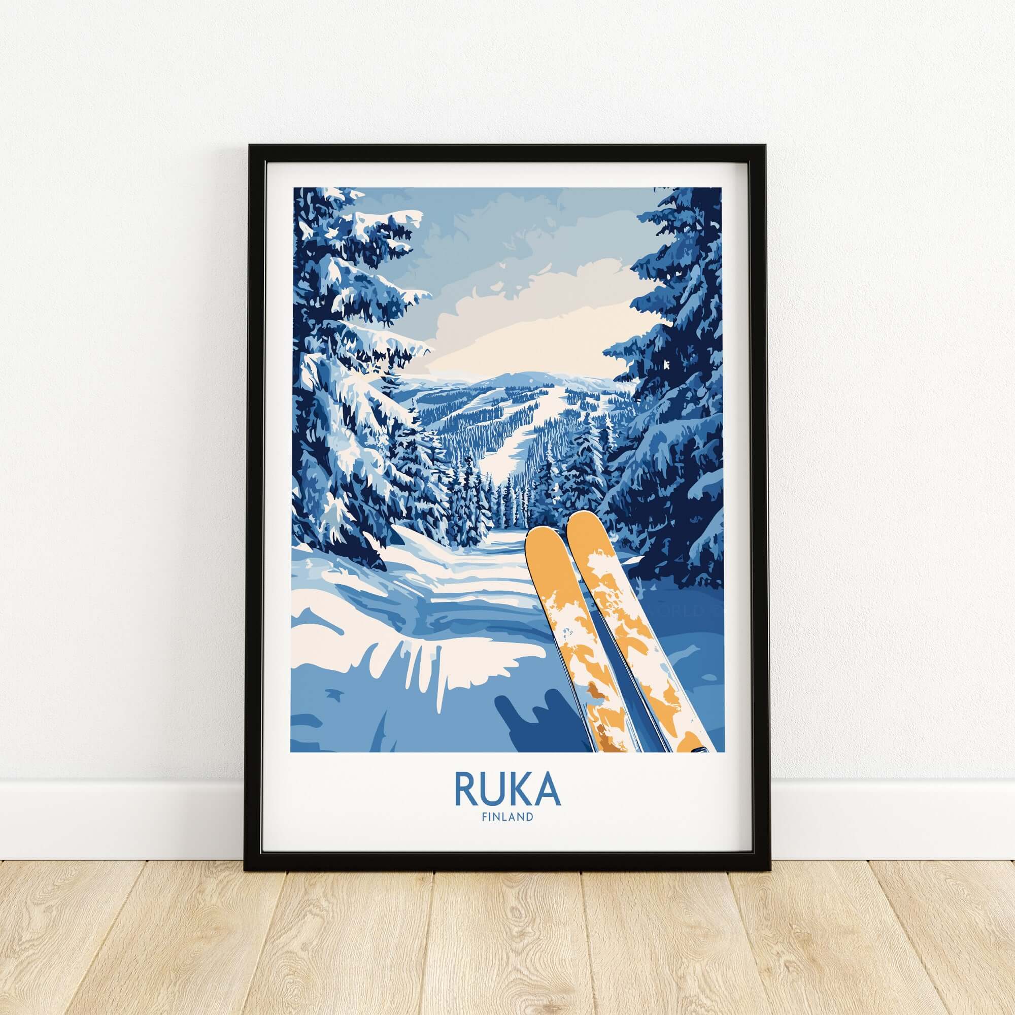 Ruka Ski Poster featuring snowy landscape with skis in foreground, capturing a Nordic scene decor for home.