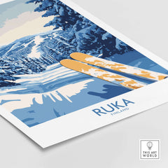 Finland Ruka ski poster showcasing snowy landscape and ski equipment, ideal for Nordic decor enthusiasts.