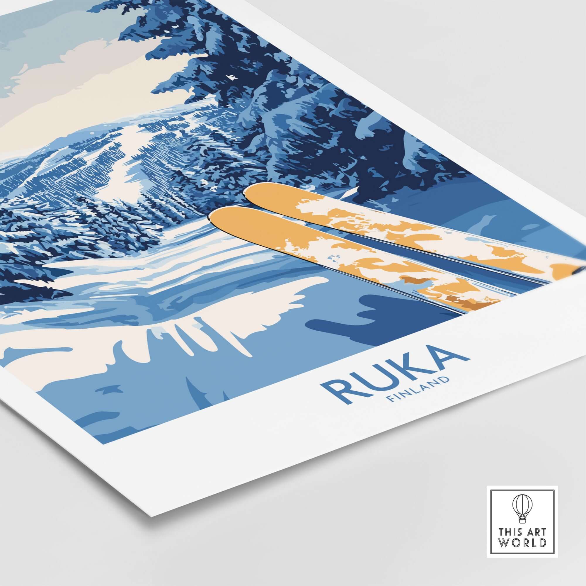 Finland Ruka ski poster showcasing snowy landscape and ski equipment, ideal for Nordic decor enthusiasts.