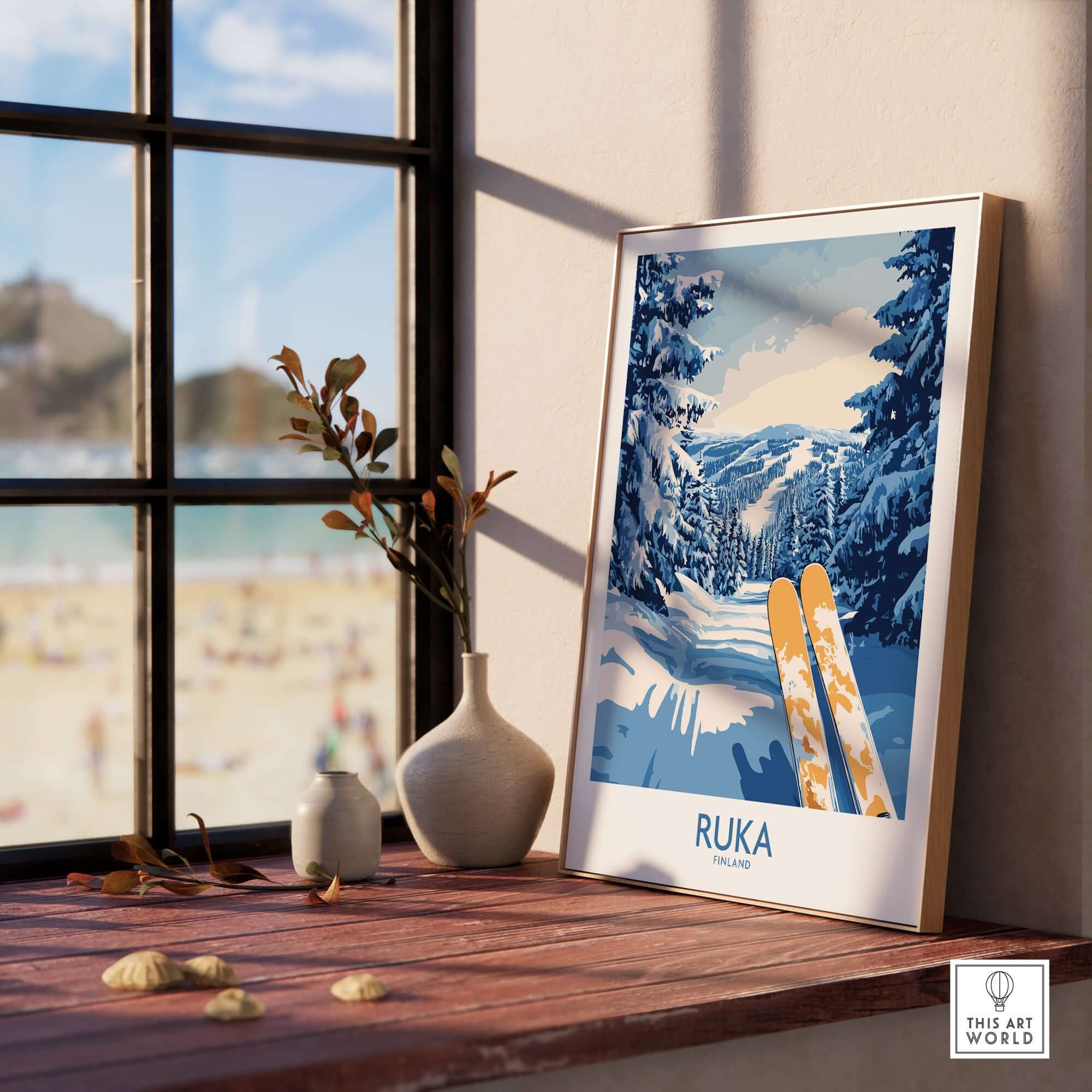 Ruka ski poster art displayed on a window sill, showcasing a snowy landscape and ski equipment, bringing Nordic decor charm.