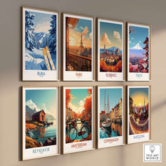 Gallery of travel posters featuring Ruka, Paris, Florence, Tokyo, Reykjavik, Amsterdam, Copenhagen, and Barcelona.