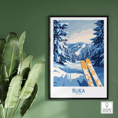Ruka Ski Poster featuring snowy landscape and skis, Nordic scene decor for ski lovers in Finland.