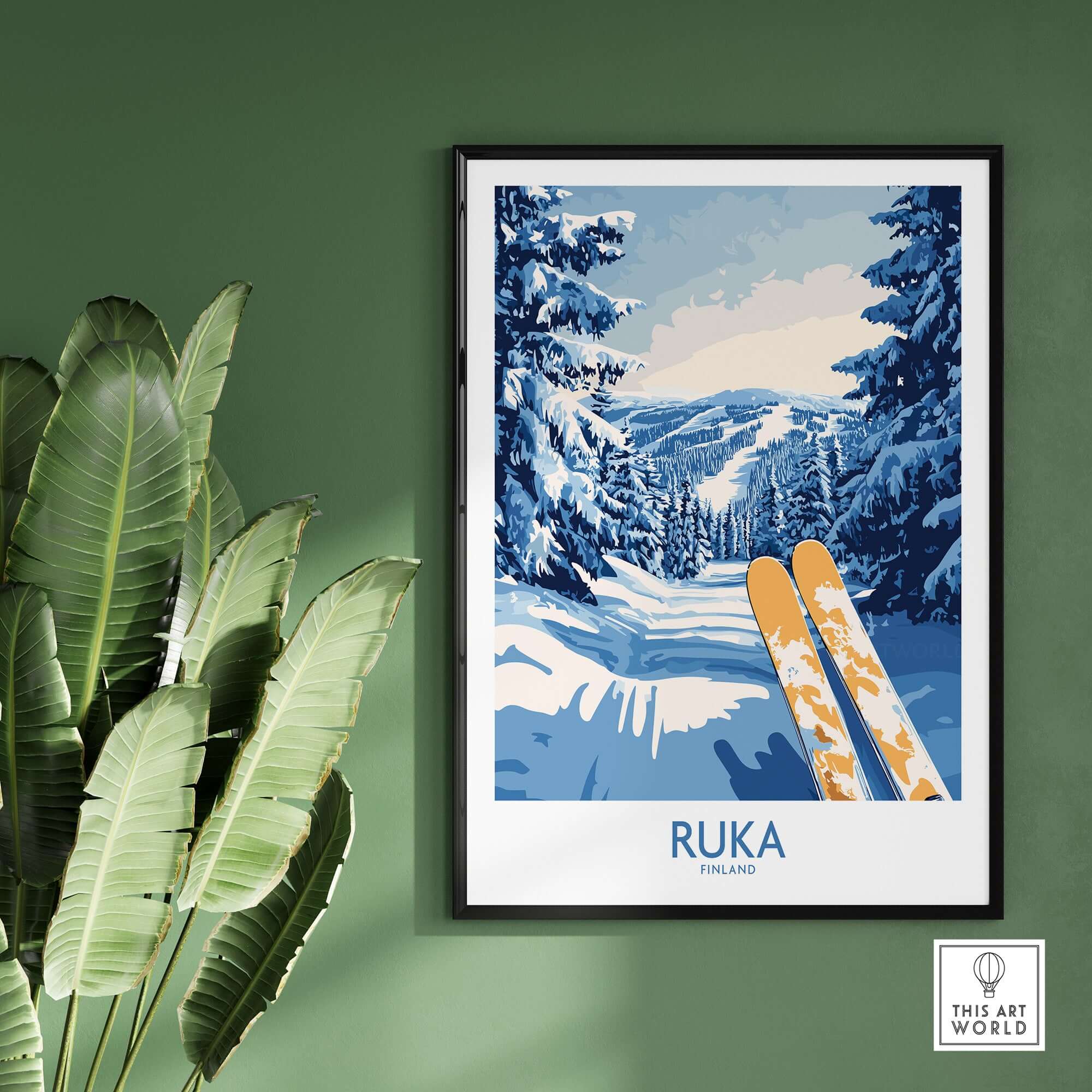 Ruka Ski Poster featuring snowy landscape and skis, Nordic scene decor for ski lovers in Finland.