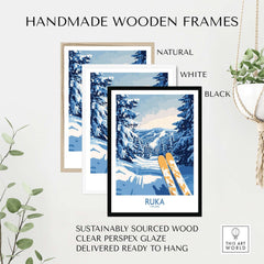 Handmade wooden frames in natural, white, and black for Ruka ski poster, showcasing sustainable design and ready to hang.
