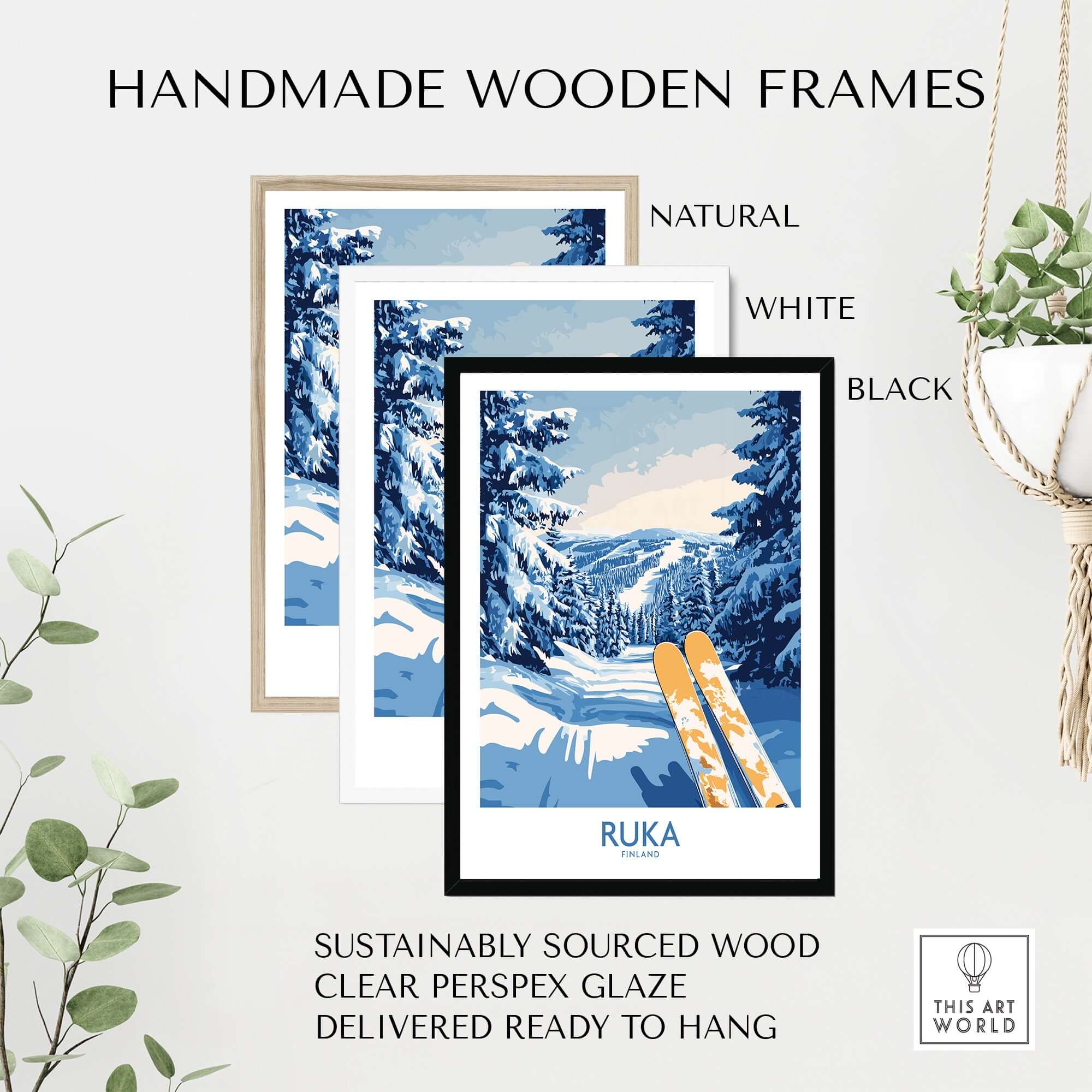 Handmade wooden frames in natural, white, and black for Ruka ski poster, showcasing sustainable design and ready to hang.