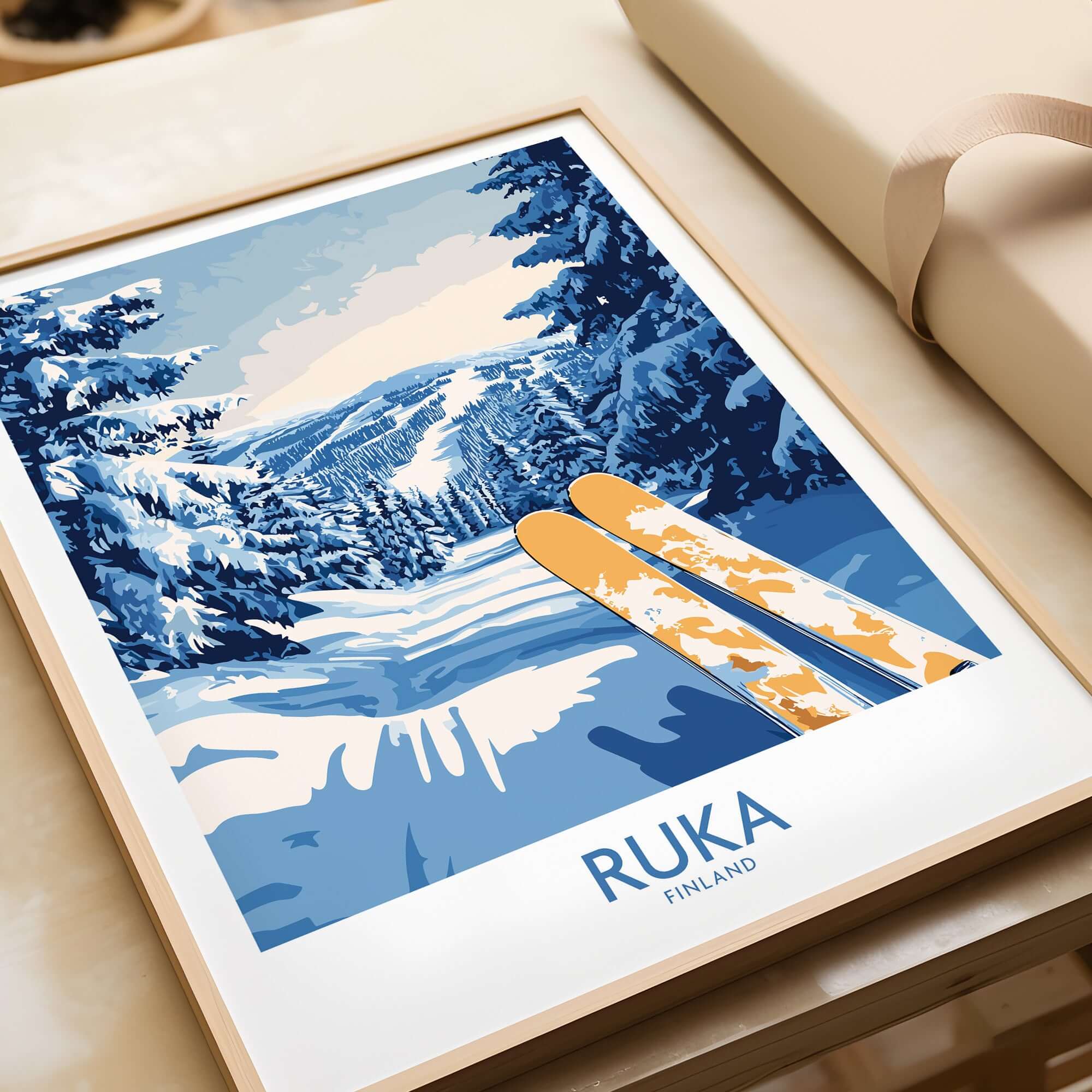 Ruka Ski Poster featuring a snowy landscape and skis, perfect Nordic decor for ski lovers.