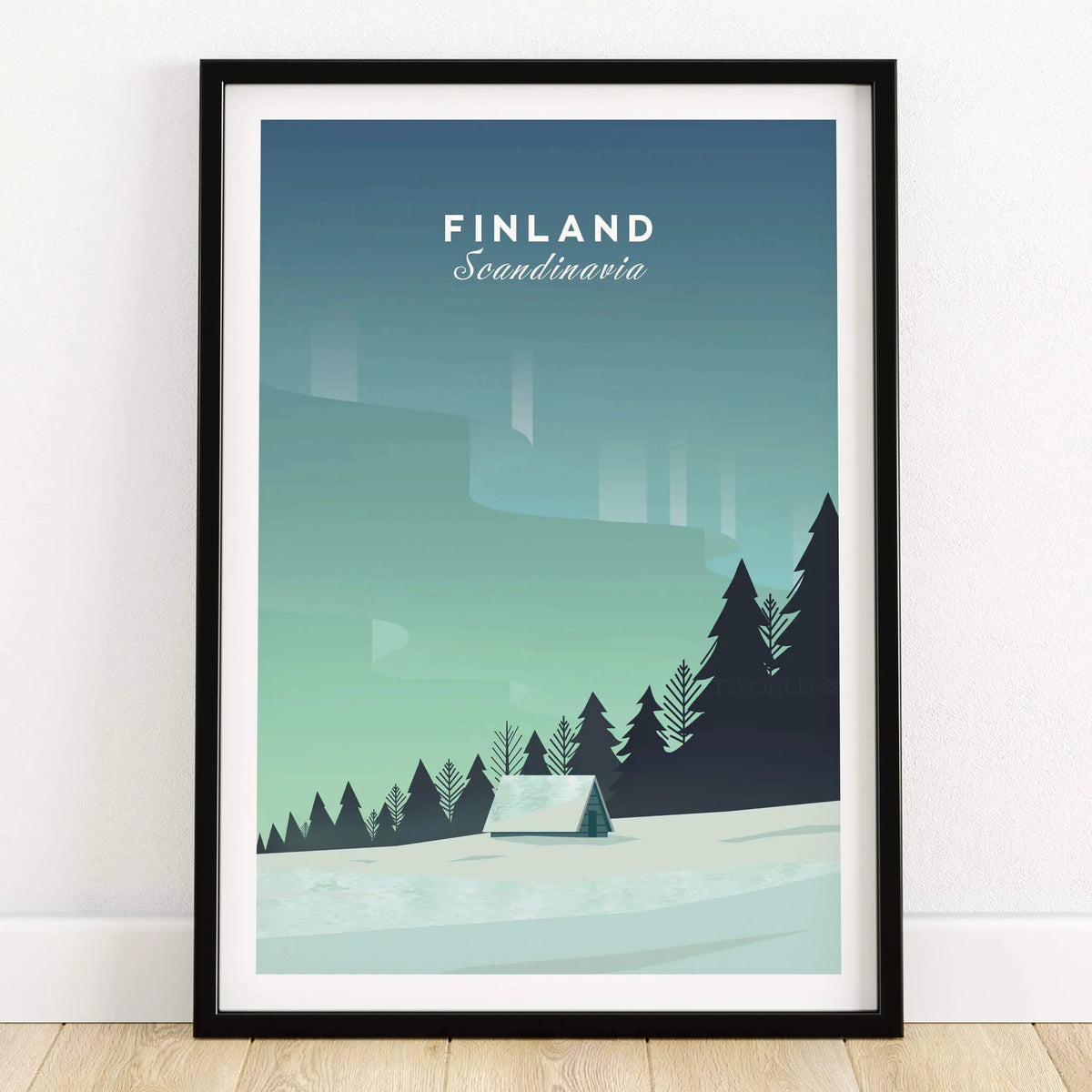Finland Print Wall Art Poster featuring minimalist design with trees and cabin, perfect for modern decor.