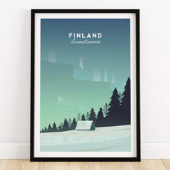 Finland Print Wall Art Poster featuring minimalist design with trees and cabin, perfect for modern decor.