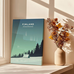 Finland Print Wall Art Poster showcasing a serene Finnish landscape with a cabin and trees.