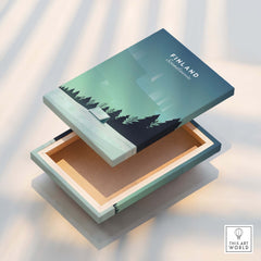 Finland Print Wall Art Poster showing a box with minimalist design and serene colors inspired by Finnish landscapes.