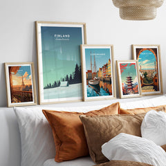 Finland Print Wall Art Poster collection featuring serene landscapes and vibrant cityscapes in stylish frames.