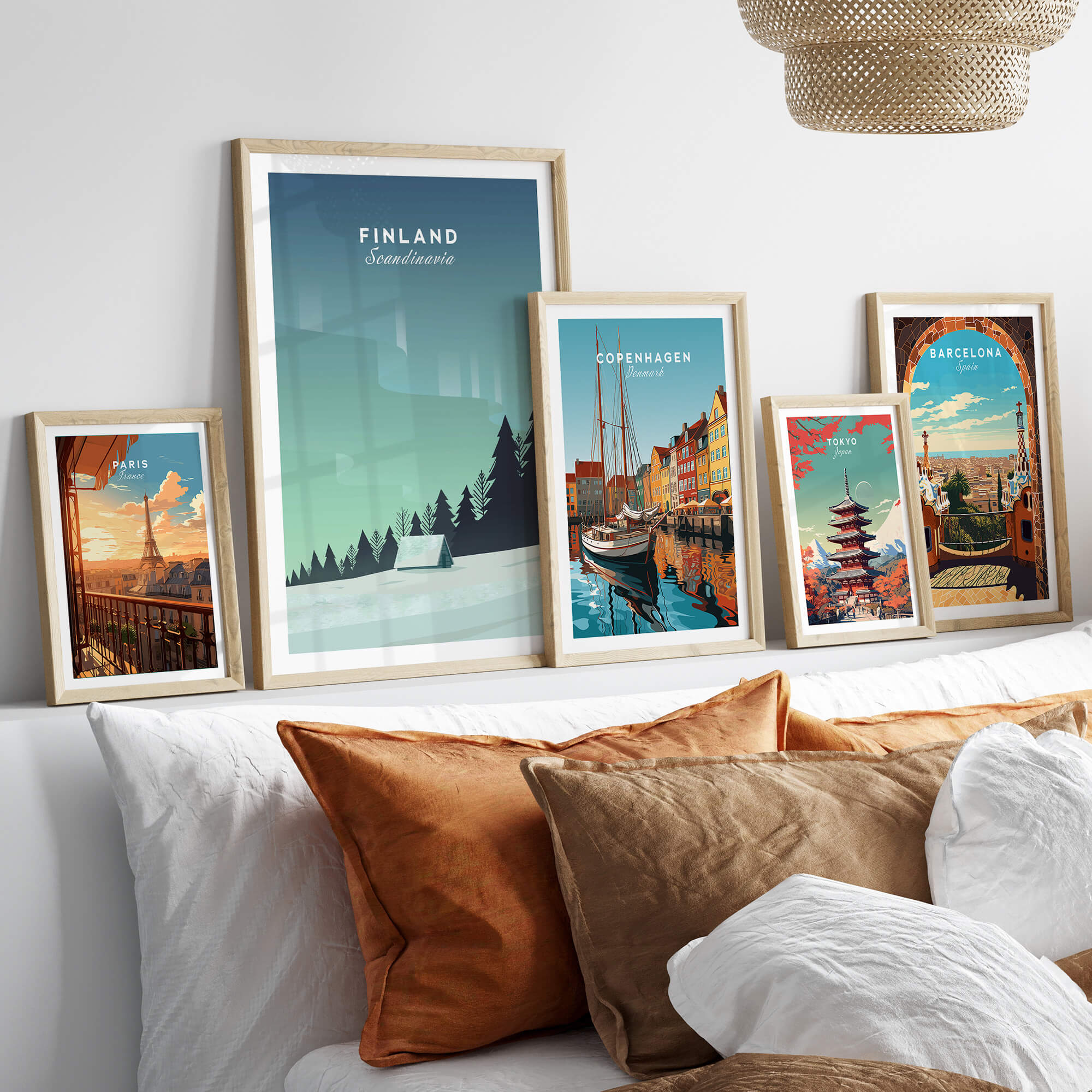 Finland Print Wall Art Poster collection featuring serene landscapes and vibrant cityscapes in stylish frames.
