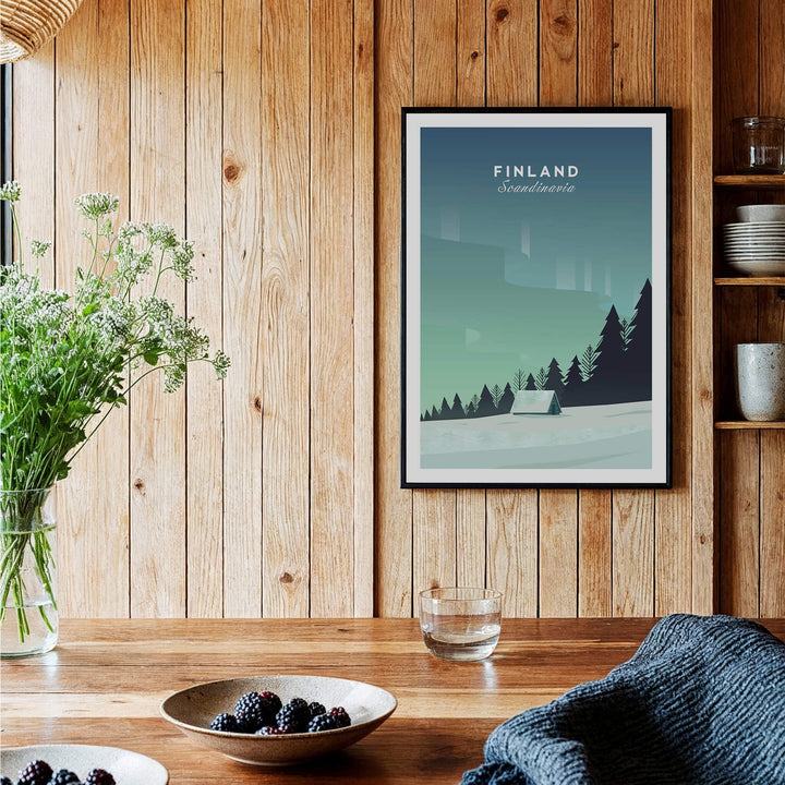Finland Print Wall Art Poster featuring a serene landscape with trees and a cabin, enhancing modern interior decor.