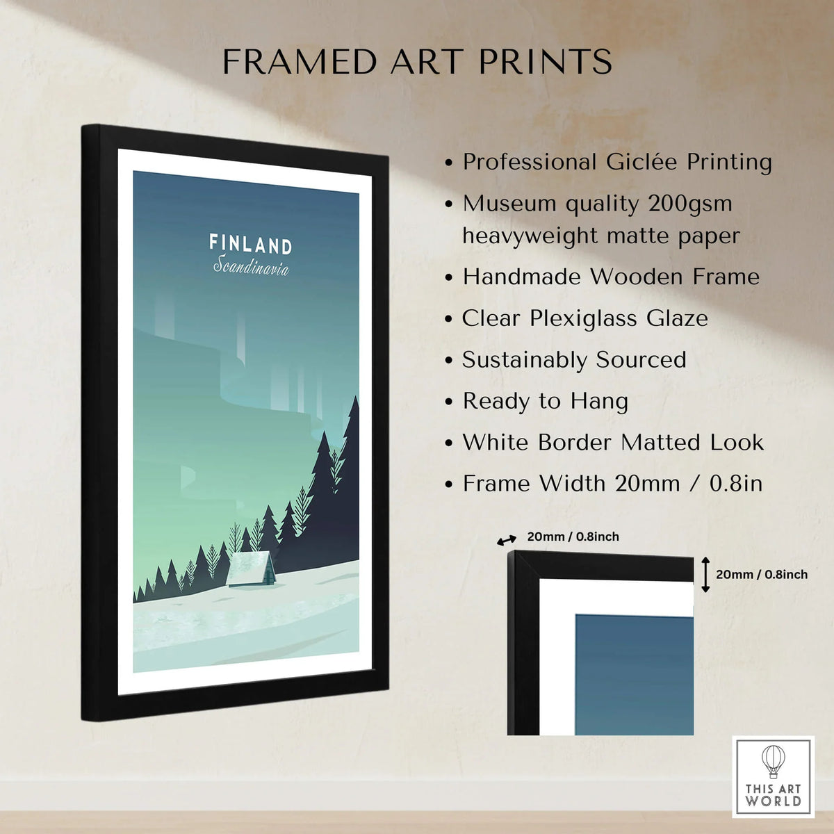 Finland Print Wall Art Poster showcasing professional Giclée printing with minimalist design and clear Plexiglass glaze.