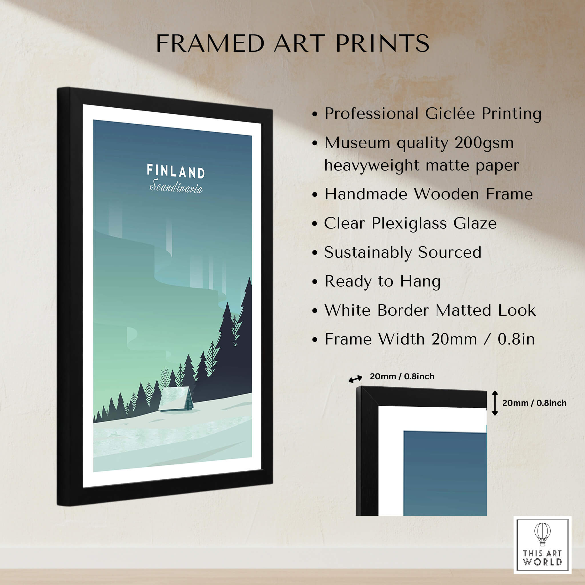 Finland Print Wall Art Poster showcasing professional Giclée printing with minimalist design and clear Plexiglass glaze.