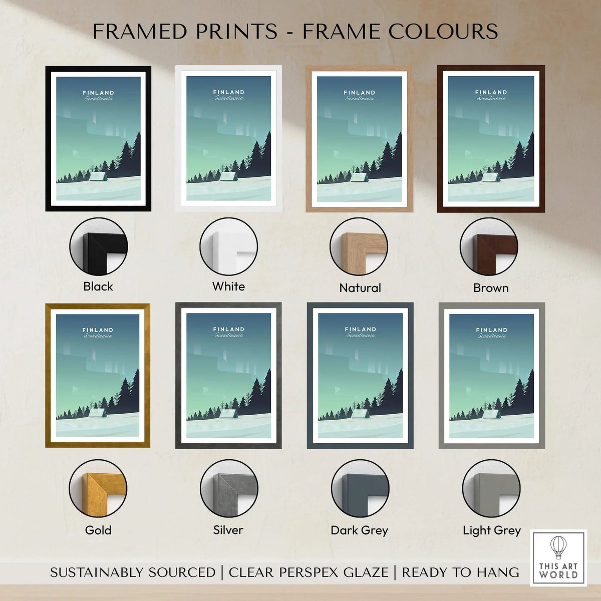 Finland Print Wall Art Poster framed in various colors including black, white, natural, brown, gold, silver, dark grey, and light grey.