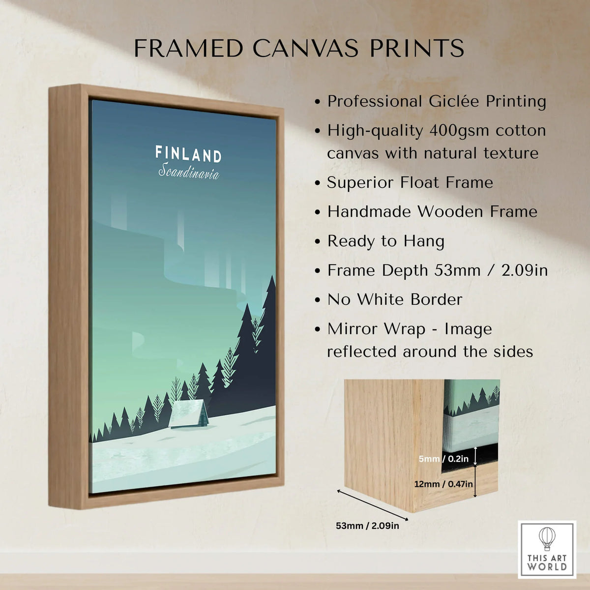 Finland Print Wall Art Poster framed canvas print with aurora borealis design and wooden frame, ready to hang.