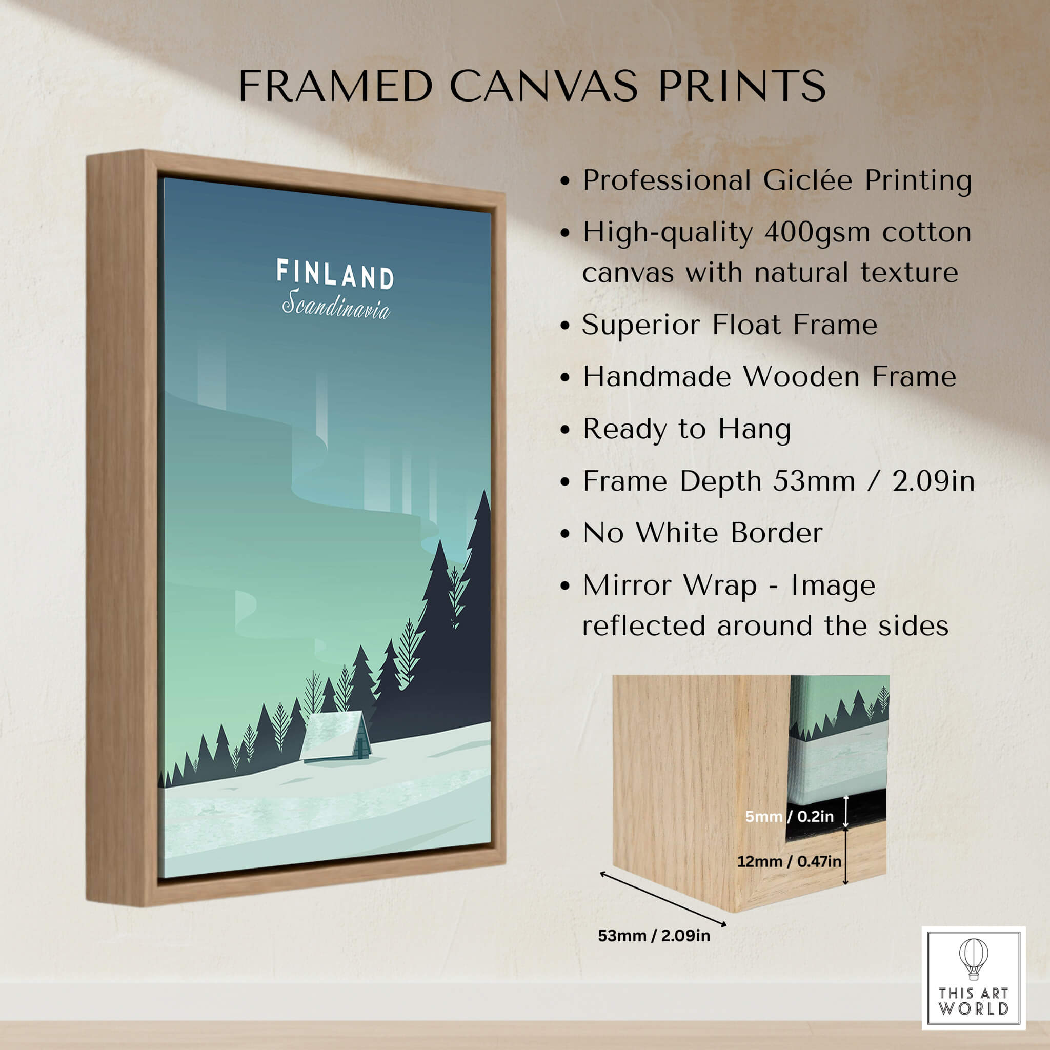 Finland Print Wall Art Poster framed canvas print with aurora borealis design and wooden frame, ready to hang.