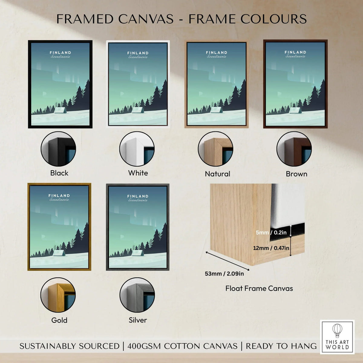 Framed canvas options for Finland Print Wall Art Poster in various colors including black, white, natural, brown, gold, and silver.