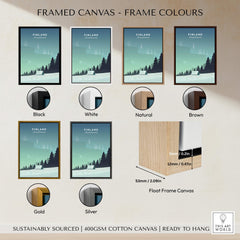 Framed canvas options for Finland Print Wall Art Poster in various colors including black, white, natural, brown, gold, and silver.