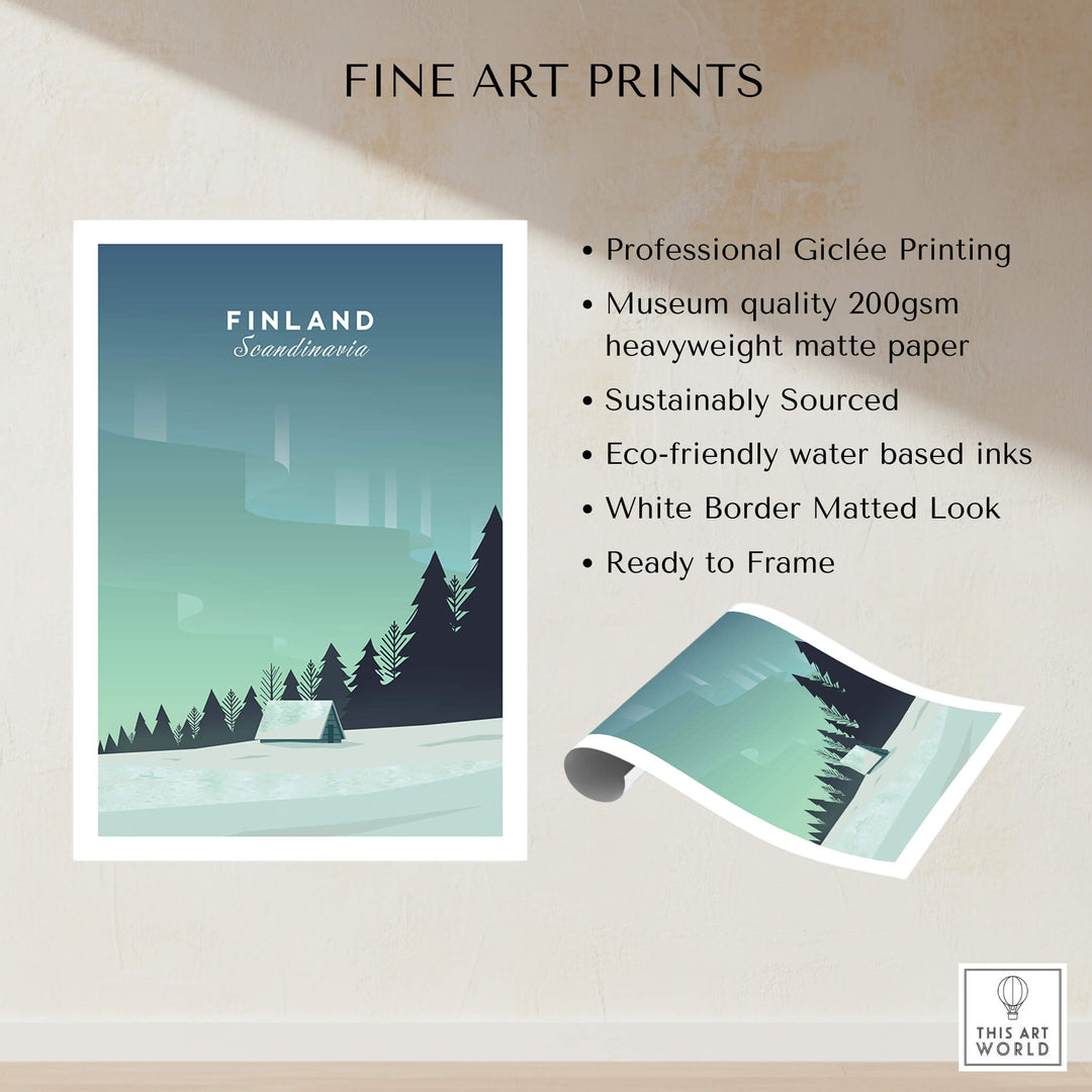Finland Print Wall Art Poster with serene landscape and eco-friendly materials, featuring professional Giclée printing.
