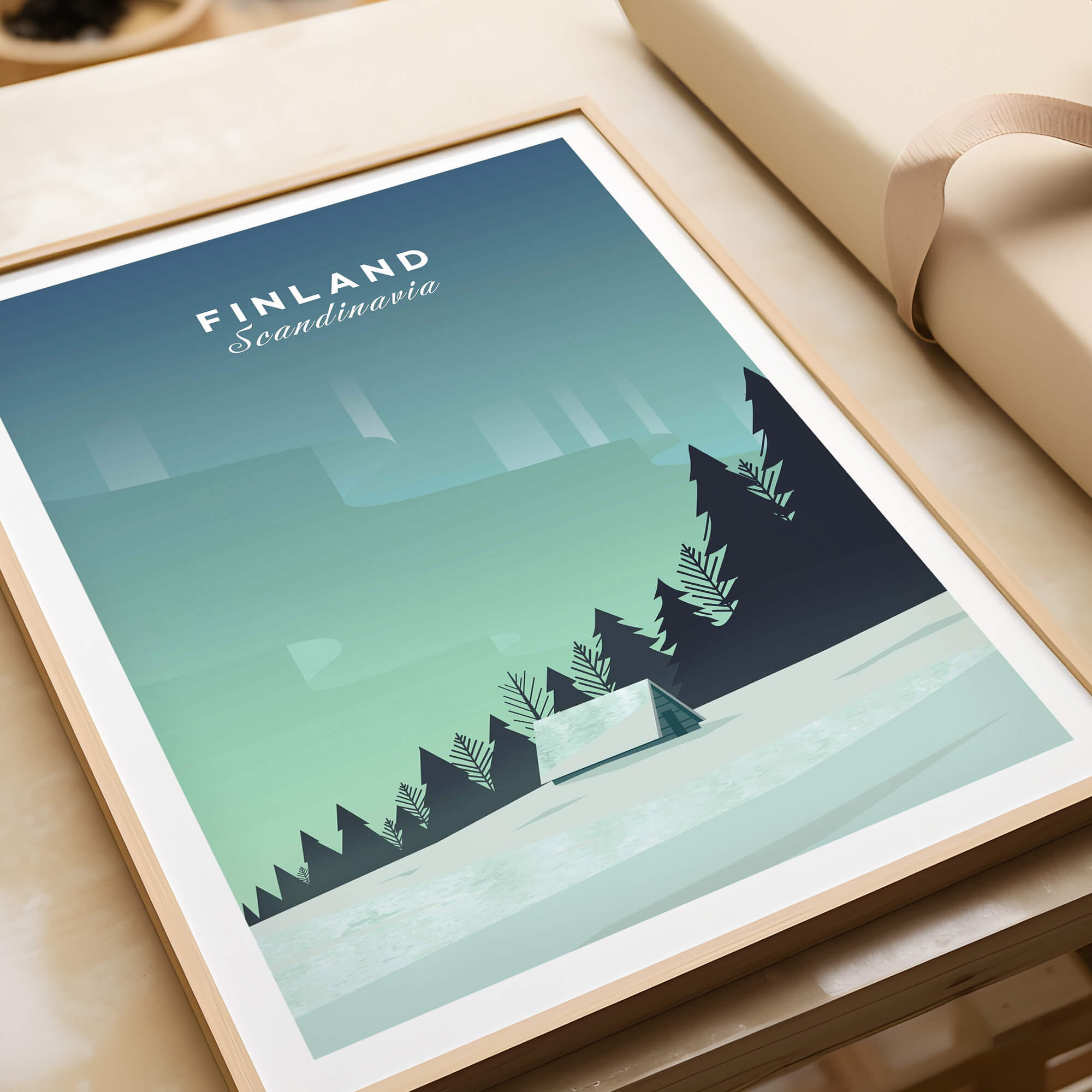 Finland Print Wall Art Poster showcasing serene Scandinavian landscape and minimalist design, perfect for modern home decor.