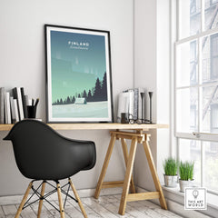 Finland Print Wall Art Poster showcasing serene design with aurora borealis in modern office space.