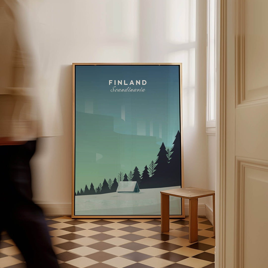 Finland Print Wall Art Poster featuring serene landscapes and minimalist design in a modern interior setting.