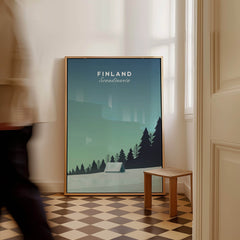 Finland Print Wall Art Poster featuring serene landscapes and minimalist design in a modern interior setting.