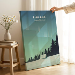 Finland Print Wall Art Poster featuring serene landscape with trees and aurora borealis design for modern interiors.