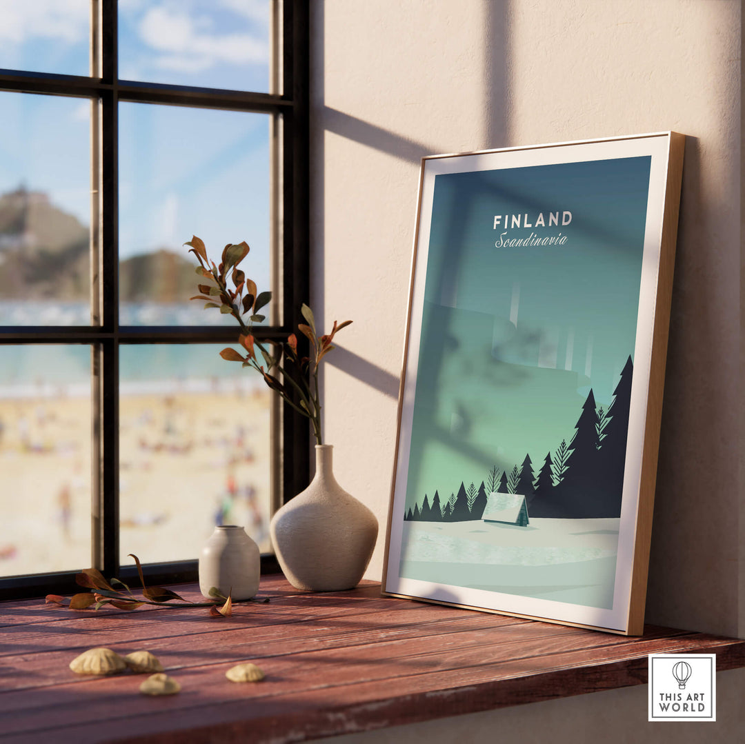 Finland Print Wall Art Poster displayed in a bright room, highlighting minimalist design of serene Finland landscape.