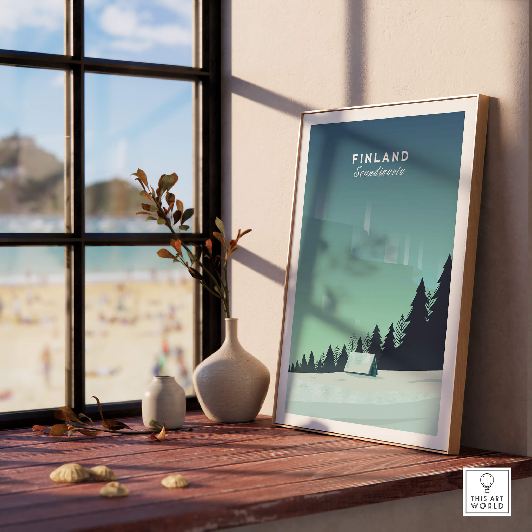 Finland Print Wall Art Poster displayed in a bright room, highlighting minimalist design of serene Finland landscape.