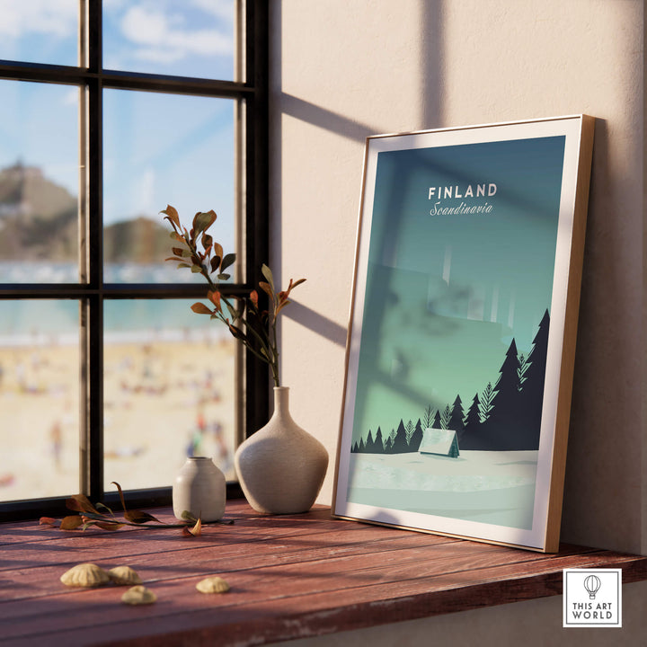 Finland Print Wall Art Poster displayed in a bright room, highlighting minimalist design of serene Finland landscape.