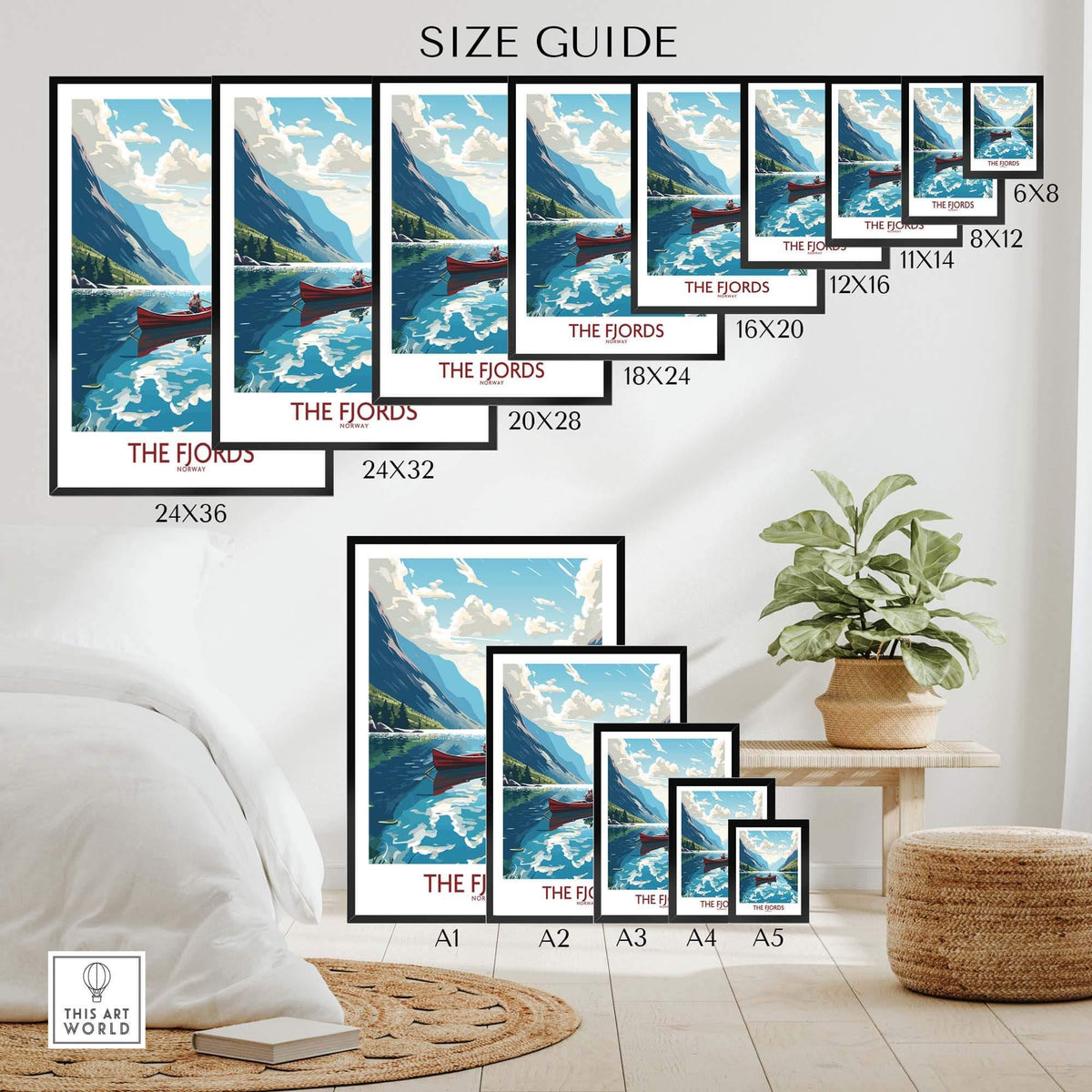Size guide for Fjords Norway wall art showcasing various frame sizes and design options for home decor.