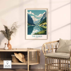 Fjords Norway wall art in a modern living room, showcasing vibrant landscape and serene water reflections.