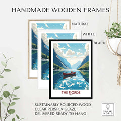 Handmade wooden frames for Fjords Norway wall art in natural, white, and black options, with clear Perspex glaze.