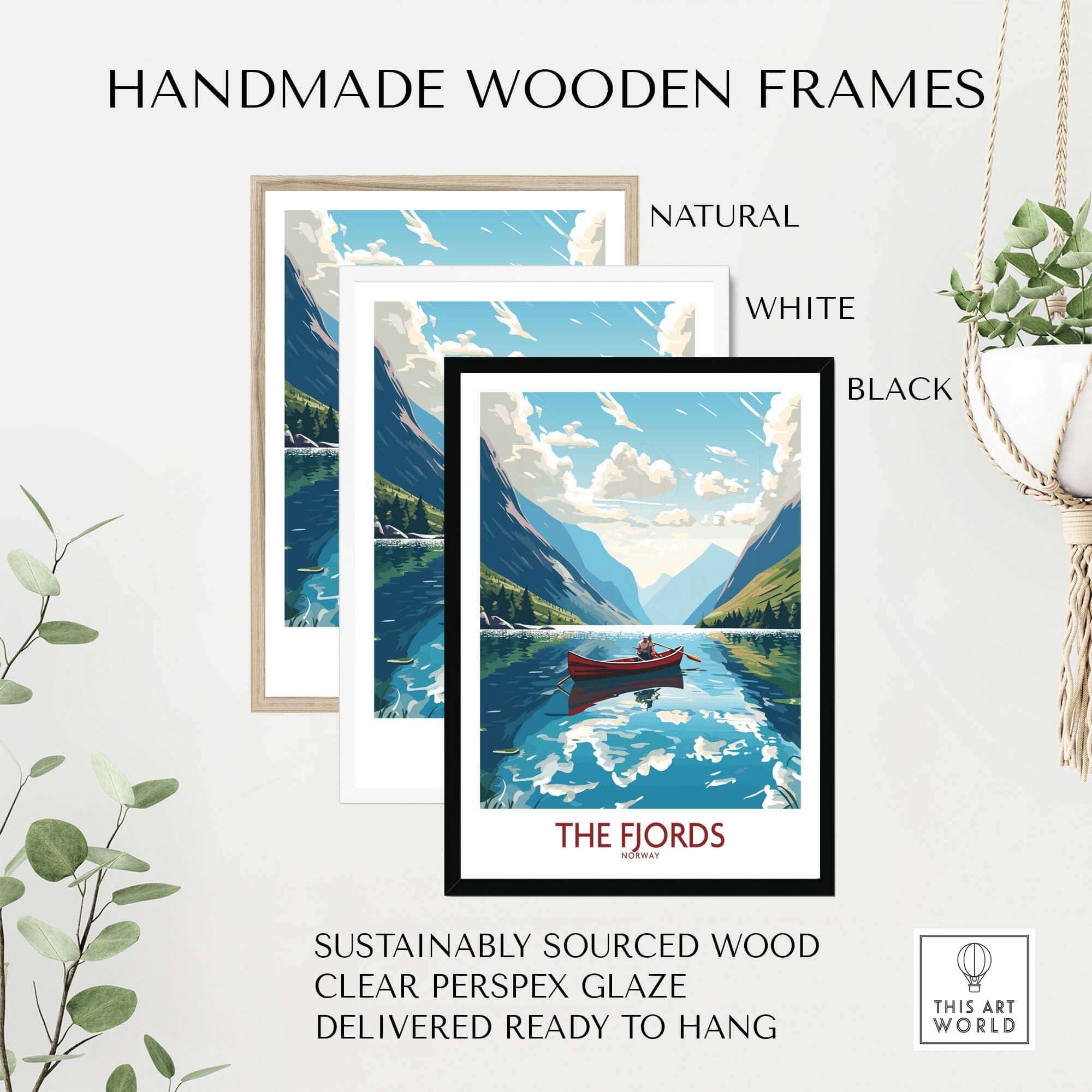 Handmade wooden frames for Fjords Norway wall art in natural, white, and black options, with clear Perspex glaze.