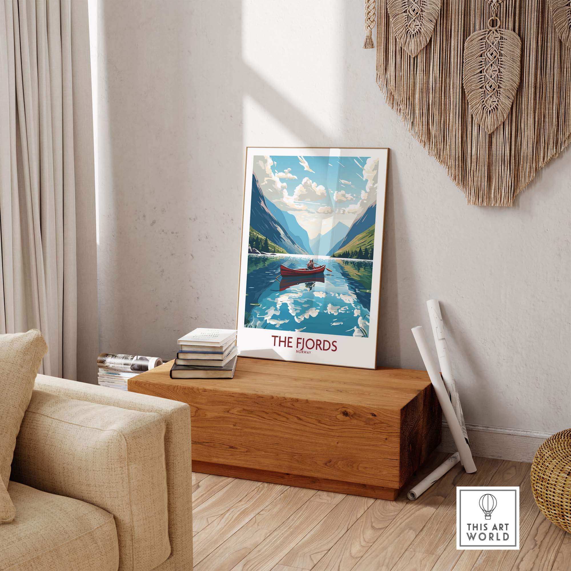 Fjords Norway wall art featuring a serene landscape and a boat, perfect for modern home decor.