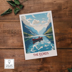 Fjords Norway wall art featuring a serene lake and mountains, perfect for modern decor and travel enthusiasts.