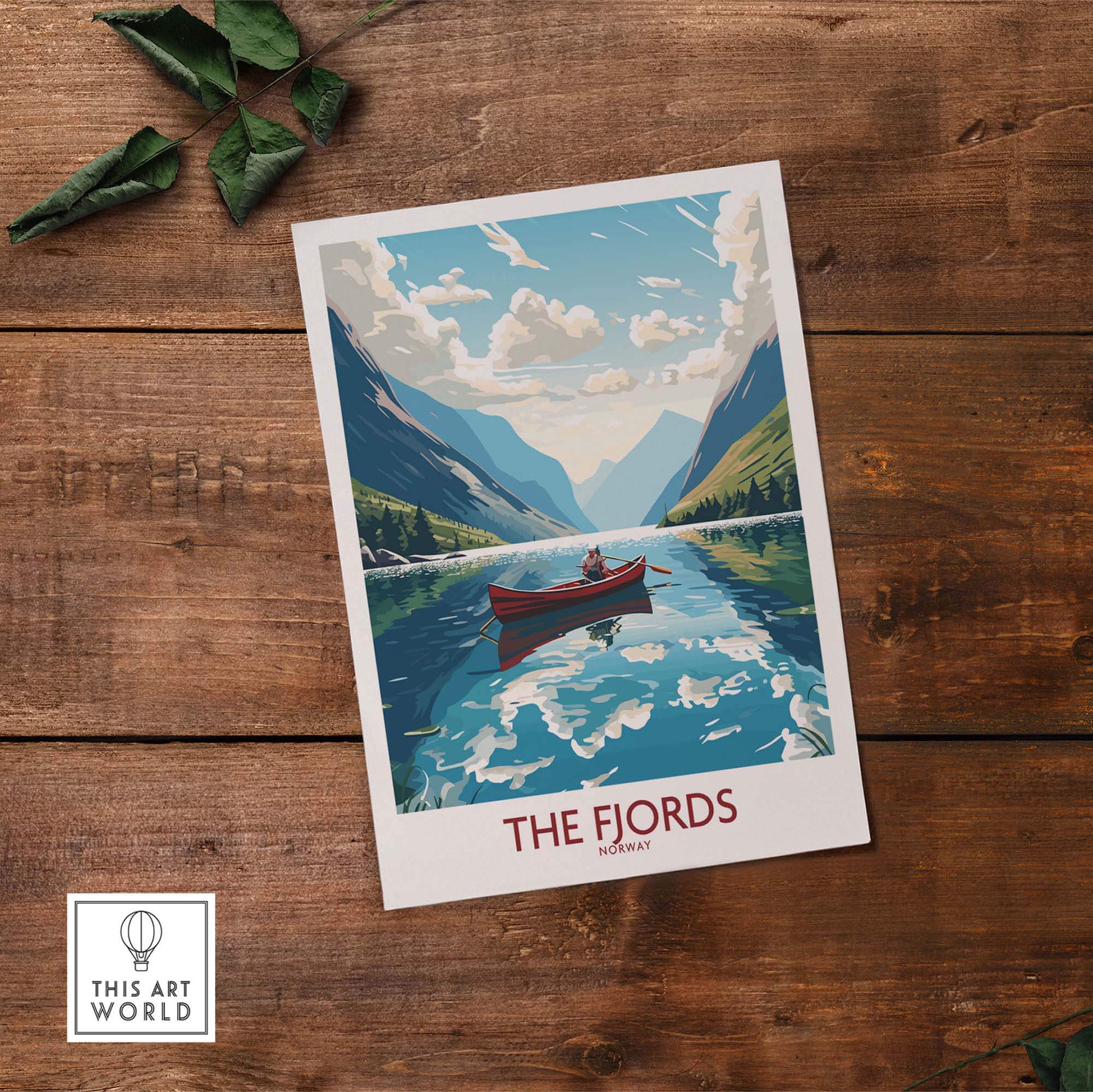 Fjords Norway wall art featuring a serene lake and mountains, perfect for modern decor and travel enthusiasts.