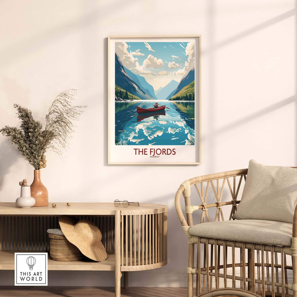 Vivid Fjords Norway wall art in modern decor, showcasing a serene landscape and a boat on reflective waters.