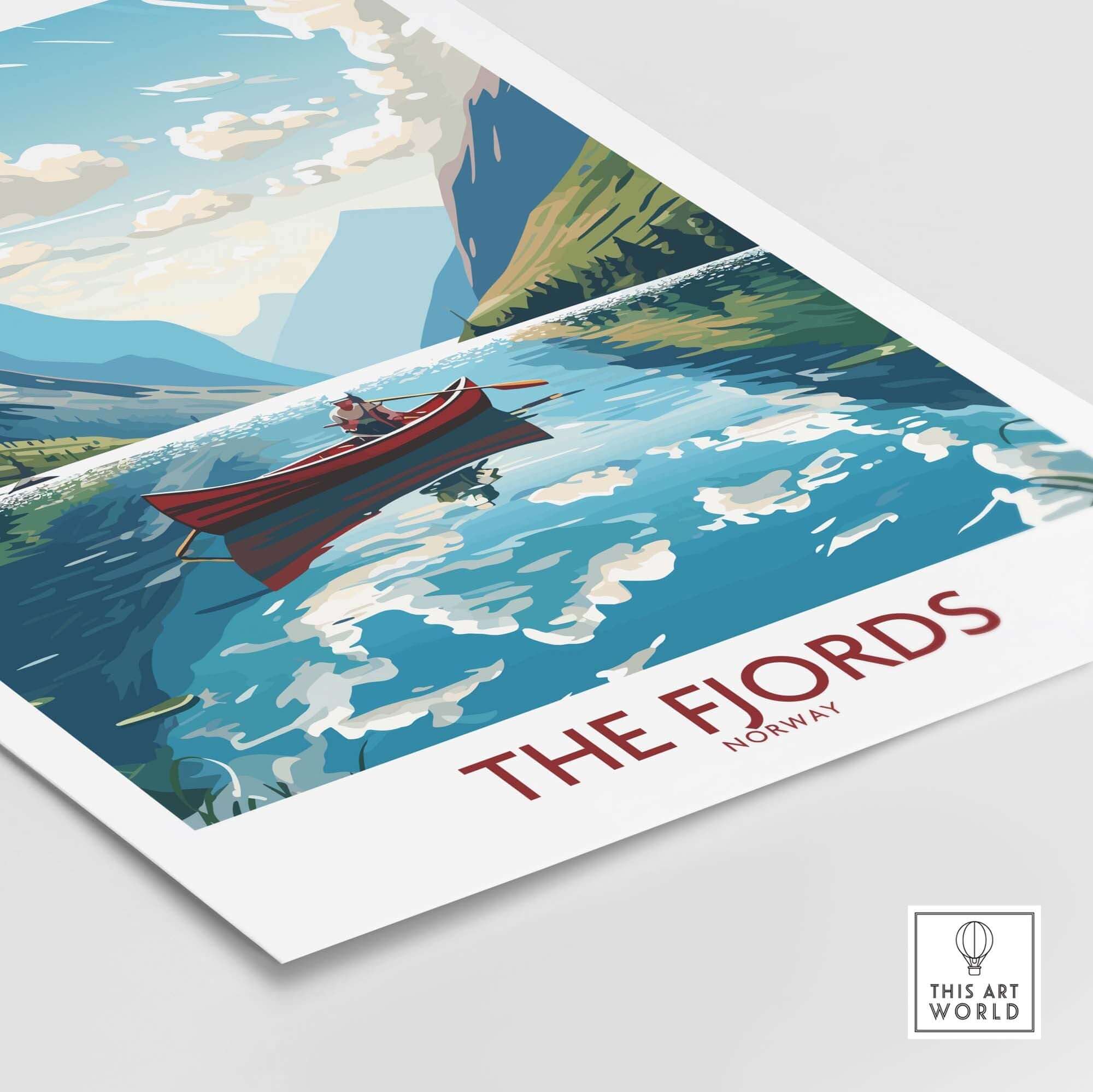 Norway fjords art print featuring a scenic landscape with a canoe on tranquil waters, perfect for modern decor.