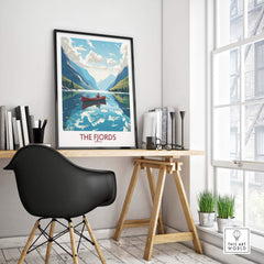 Fjords Norway wall art in modern room, showcasing vibrant landscape and serene water scene with a boat.