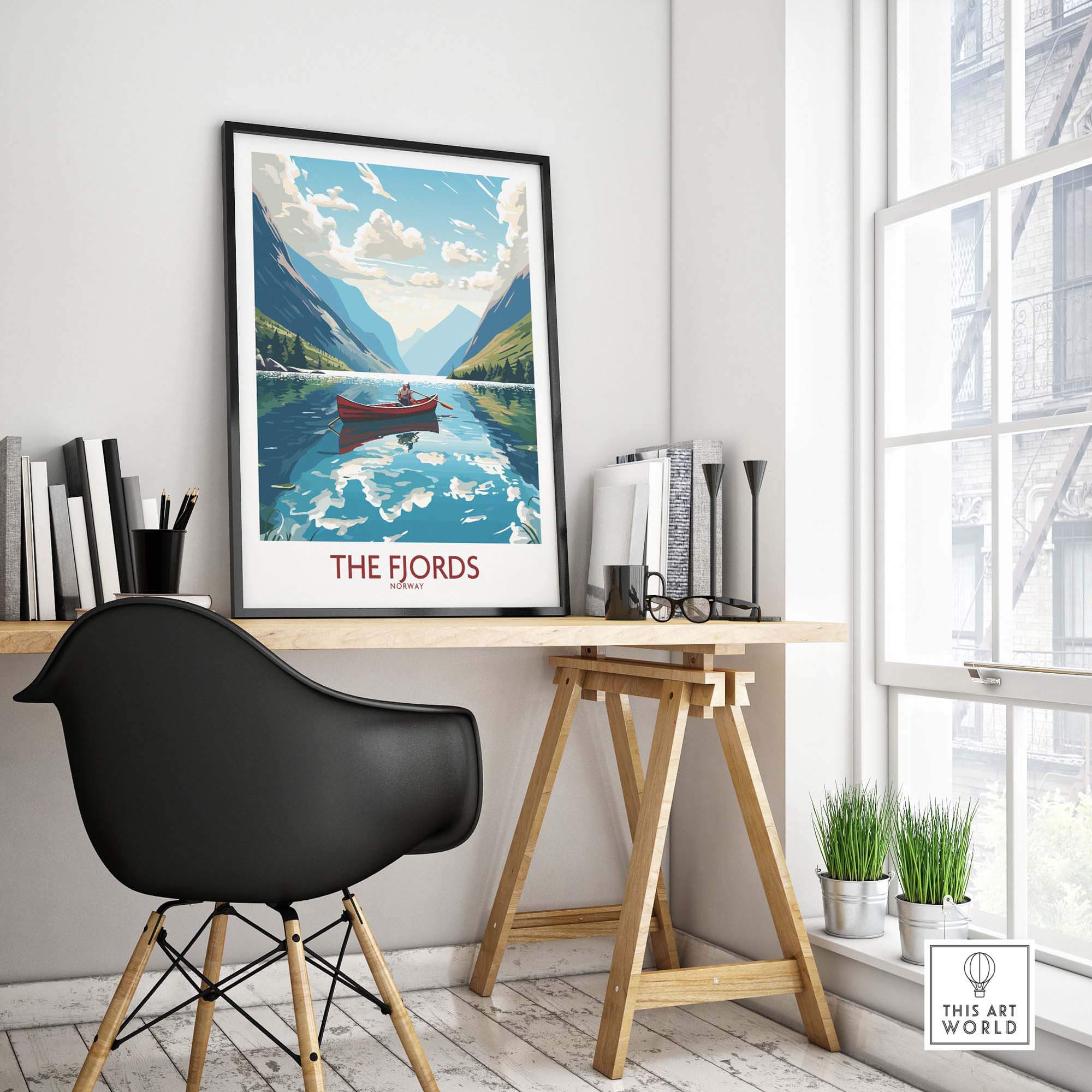 Fjords Norway wall art in modern room, showcasing vibrant landscape and serene water scene with a boat.