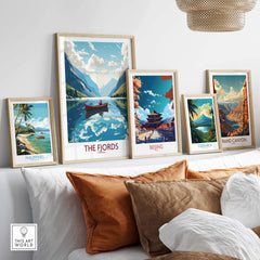 Norway fjords wall art displayed in modern frames, showcasing vibrant landscapes alongside travel prints from other destinations.