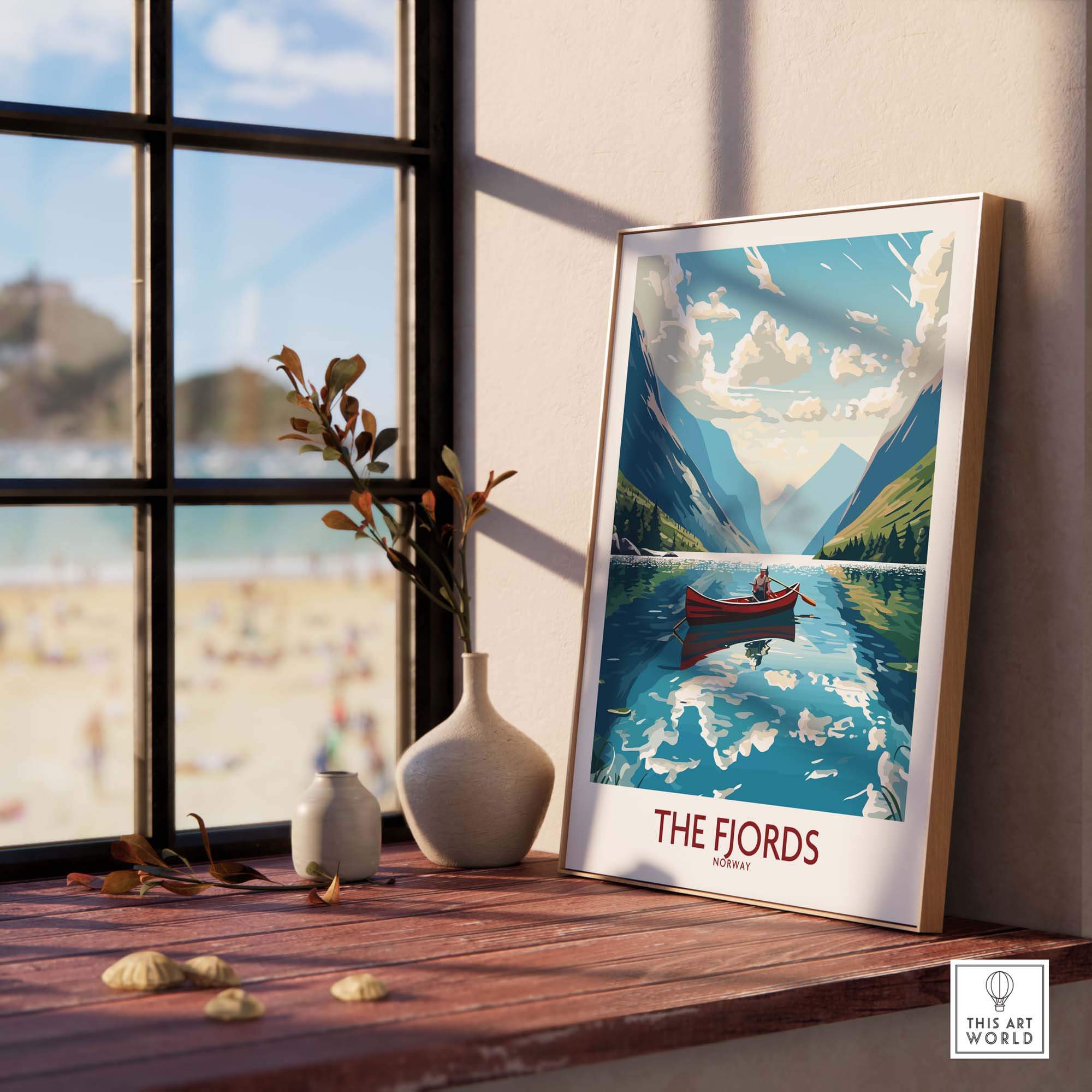 Fjords Norway wall art displayed in a modern interior, showcasing stunning scenery and tranquil vibes.