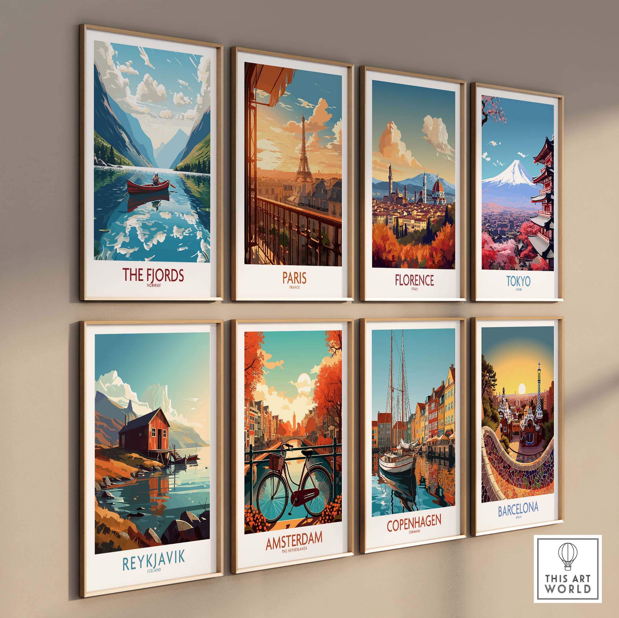 Colorful wall art featuring iconic cities including the Fjords, Paris, Florence, Tokyo, and more in a modern style.