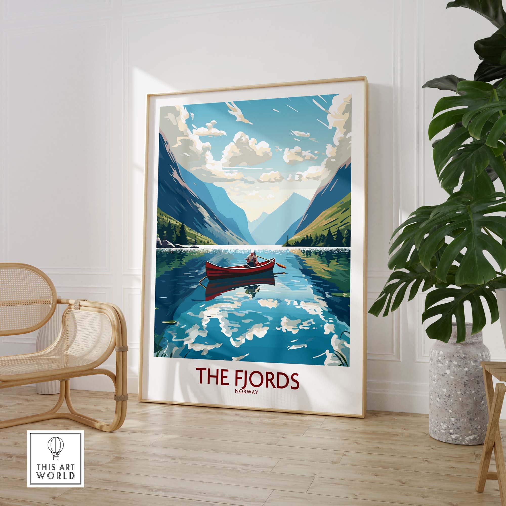 Scenic Fjords Norway wall art featuring a boat on tranquil waters, perfect for modern home decor.